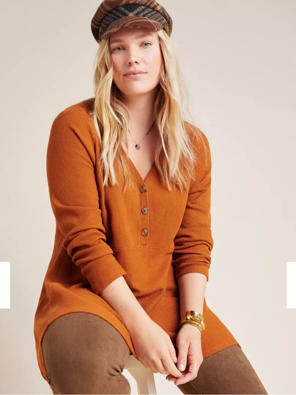 Maeve Eliza Henley Babydoll Tunic Burnt orange pumpkin RUST  WAFFLE KNIT large